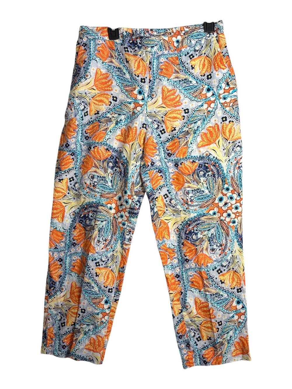 Chicos Pants Paradise Floral 100% Linen Ankle Pull On Pockets Sz 1 US M Vacation